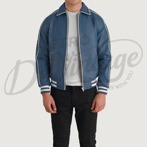 Men Blue Genuine Leather Bomber <b>Jacket</b> with White Racing Stripes and Contrast Ribbed Cuffs <b>Slim</b> <b>Fit</b> Sporty Outwear - Product Image 6