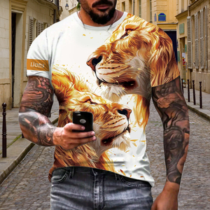 Camiseta con Sublimación Gráfica de León Dorado 3D - Estampado Artístico de Doble León, Blanca, Estilo Urbano, Manga Corta, Informal, a la Moda - Product Image 4