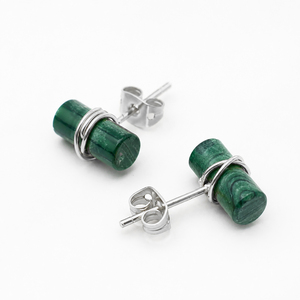 Malachite Cylinder <b>Stud</b> <b>Earrings</b> Silver Plated Brass Natural Gemstone Minimalist Cabochon Bar <b>Earrings</b> Wholesale - Product Image 2