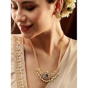 Gold Plated Alloy Necklace Earrings Headpiece Ring Set Zircon Imitation Pearl Geometric Design Vintage Women's Wedding <b>Jewelry</b> - Product Image 3