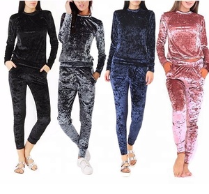 New arrival women velvet fabric crew neck <b>long</b> sleeve plain sweat shirts with <b>matching</b> trousers pants sweat suits set - Product Image 3