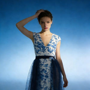 Promotion exceptionnelle sur la jupe longue élégante à imprimé floral bleu avec superposition transparente, jupe formelle taille haute évasée pour femme, idéale pour les mariages. - Product Image 3