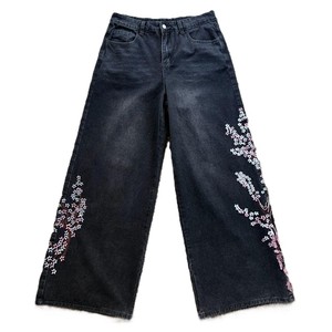 High Waisted Wide Leg Denim Pants With Floral Embroidery Dark Wash Loose Fit Full Length Women Casual Spring Style - Product Image 1
