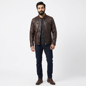 Veste d'automne pour homme en cuir véritable, coupe ajustée, style vintage, respirante, fils fins - Product Image 4