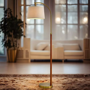 Lampada da Terra in Legno per Soggiorno, Oro con Interruttore a Pedale, Lampada ad Arco Alta, per Ufficio, Cameretta, Luce da Lettura Industriale - Product Image 3