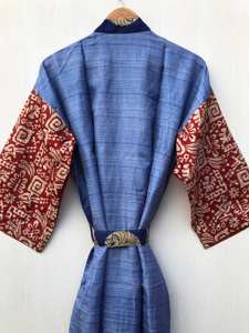 Robe kimono en soie patchwork faite à la main pour femmes, grande taille, respirante, longueur genou, imprimé indien, style bohème, vêtement de nuit d'automne - Product Image 6