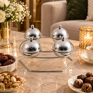 Luxury <b>Silver</b> Appetizer <b>Bowls</b> with Textured Covers and Geometric Stand | Decorative Server for Dates Chocolates Nuts Sweets Dry - Product Image 3