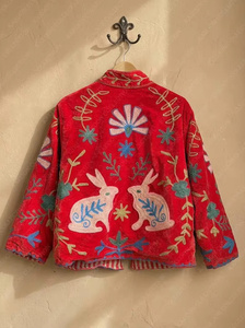 Veste bomber en velours brodée à motifs floraux vintage Suzani réversible - Doublure en coton et lin écologique coupe-vent - Product Image 2