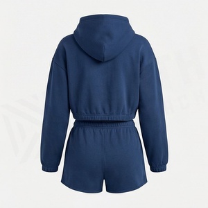 Women's 2 Piece Hooded <b>Crop</b> <b>Top</b> <b>and</b> <b>Shorts</b> Set Solid Color Fleece Casual Loose Fit Above Knee Length Spring Summer Wear - Product Image 2