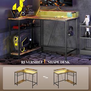 Scrivania a L Reversibile Marrone con Luci, Prese di Corrente, Porte USB e Spazio di Archiviazione per Casa, Ufficio e Gaming - Product Image 6