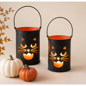 Vintage Black Cat Halloween Bucket Luminary Metal Candle Holder Pail for Farmhouse Holiday Porch and Indoor Living Room Set of 2 - Product Image 2