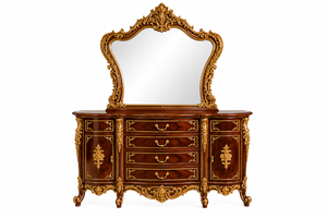 Ensemble de lit de luxe de style persan, en teck massif sculpté à la main avec feuilles dorées, dessus en cuir, durable, garantie, chambre à coucher classique royale - Product Image 5