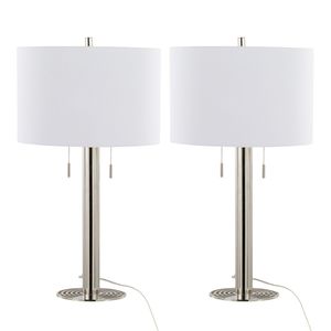 Lampada da tavolo contemporanea in metallo Grandview Gallery by Master da 29 pollici, base in nichel lucido con paralume in lino bianco, set da 2 - Product Image 1