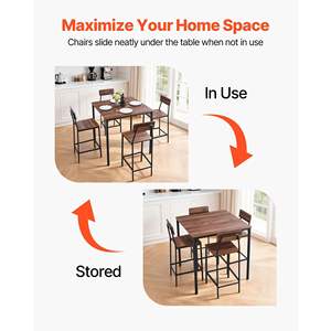 5PCS 35\" <b>Bar</b> <b>Table</b> Set Rounded Edge Design Square Pub <b>Table</b> Four <b>Stools</b> Walnut Black Color for Living Dining Kitchen Furniture - Product Image 5