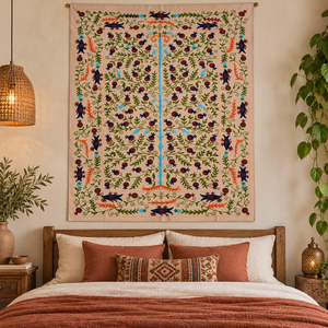 Couvre-lit en coton Suzani fait main de luxe, beige pêche, broderie florale olive, style bohème, décoration ethnique indienne pour la maison - Product Image 5