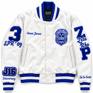 Chaqueta Universitaria de Satén Zeta Phi Beta Blanca y Azul con Parches Bordados de la Hermandad Griega, Fabricante OEM Personalizado, Carcasa de PU Impermeable - Product Image 1