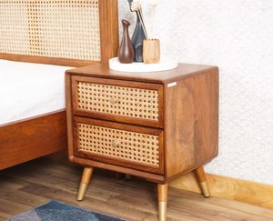 Modern Wood Nightstand With Rattan Weave Drawers 2 Drawer Bedroom Furniture Midcentury Design <b>Storage</b> <b>Side</b> <b>Table</b> - Product Image 1