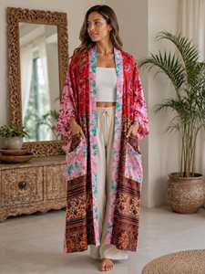 Robe kimono en crêpe de soie patchwork bohème pour femme, imprimé cachemire, paréo de plage léger, cardigan bohème, tenue de villégiature - Product Image 2