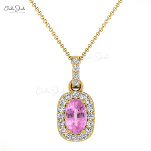 Handmade 14k <b>Solid</b> <b>Gold</b> Natural 7x5mm Oval Cut Pink Sapphire & Diamond Halo <b>Pendant</b> Wholesale Wedding <b>Pendant</b> Jewelry Supplier - Product Image 1