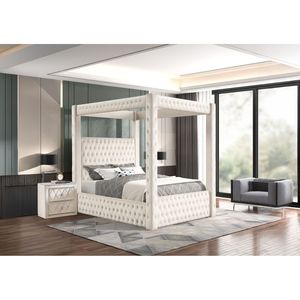 Letto a baldacchino matrimoniale moderno e maestoso con testiera e pediera trapuntate, 1 pz, in velluto avorio ricco, mobili per camera da letto, letto imbottito - Product Image 5