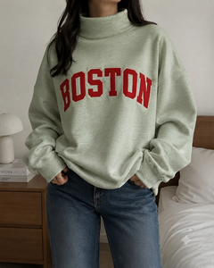 Sweat-shirt en molleton de coton à col montant pour femme, coupe ample, manches longues, style décontracté, streetwear, hiver-printemps - Product Image 1