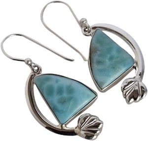 ต่างหูทรงเรขาคณิตประดับด้วยหินลาริมาร์ในตัวเรือนเงินแท้ 925 แบบฝังขอบสไตล์โบฮีเมียนสำหรับผู้หญิงใส่ได้ทุกวัน - Product Image 6