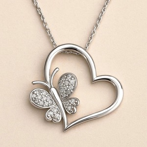 Nuevo Collar de Oro de 14k con Diamante Cultivado en Laboratorio en Forma de Corazón y Mariposa, Joyería de Mediados de Siglo, Regalo para Mejores Amigas, Bodas y Aniversarios para Mujer - Product Image 1