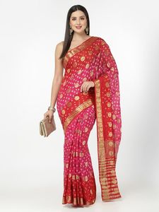 Flores de seda sintética estilo y confeccionadas con el trabajo de bandhani en el pallu. - Product Image 3
