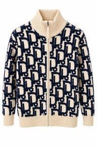 Geometric Jacquard Knit Cardigan Beige <b>Navy</b> Zip Sweater Ribbed Collar Relaxed Fit Casual Men Outwear Jacket Jumper <b>Coat</b> - Product Image 2