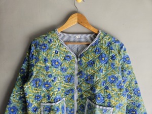 Veste matelassée florale pour femme en coton, manches trois quarts, col rond, poche plaquée, style printemps, broderie à la main - Product Image 4