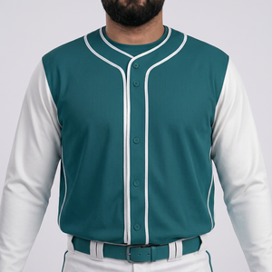 Ensemble de vêtements de baseball pour hommes, pantalon et maillot en jersey uni, manches courtes, col en V, respirant, coupe personnalisée, toutes saisons, couleur blanc et turquoise, 100% coton - Product Image 5