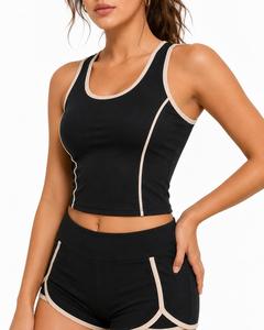 Ensemble de yoga 2 pièces pour femmes grandes tailles, haut court sans manches à dos nageur et décolleté ras du cou, short taille haute avec bordure contrastante, en spandex sans couture - Product Image 3