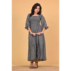 Vestido Maxi de Algodón con Estampado de Cuadros Negros, Vestido de Verano Bohemio de Manga Larga para Mujer - Product Image 4