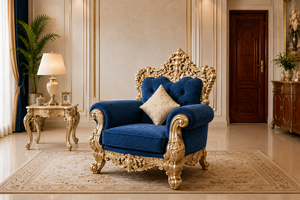 Opulento Juego de Sofás Tapizados en Azul Real de Estilo Rococó, Sofá de Lujo para Sala de Estar con Marco Tallado en Oro, Muebles de Primera Calidad para Sala de Estar - Product Image 3