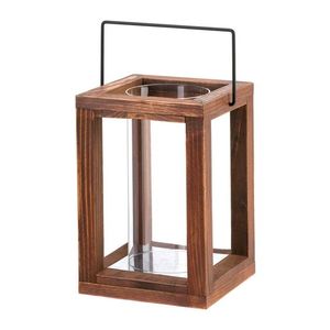 Portavelas Decorativo de Madera con Ventanas de Vidrio Transparente y Asa de Cuerda, Decoración Rústica - Product Image 1