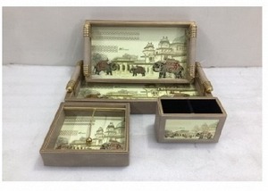 Plateau en similicuir avec poignée, lot de 4 pièces, plateau de service en cuir, plateau de rangement décoratif en MDF avec poignées dorées - Product Image 4