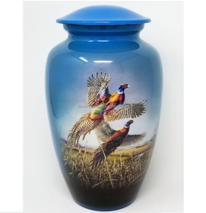 Urna Funeraria Moderna Exclusiva de Venta Rápida con Acabado Pintado en Azul y Marrón Metálico con Diseño de Faisanes Voladores - Product Image 1