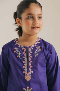 Girls Purple Embroidered Kurta With Cream Pants Traditional Indian Pakistani Wear Regular Fit Midi Length Cotton Casual Outfit - Product Image 5