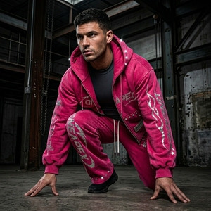 Conjunto Deportivo Rosa Personalizado con Logotipo ONEAPEX en Pedrería, Sudadera con Cremallera y Pantalones Anchos, Ropa Urbana para Hombre, Fabricante de Ropa de Lujo OEM ODM - Product Image 3