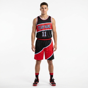 Conjunto de Uniforme de Baloncesto Personalizado de Primera Calidad en Negro y Rojo para Hombre, Camiseta sin Mangas con Nombre del Equipo Impreso y Pantalones Cortos - Product Image 1