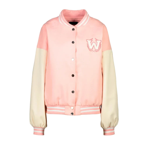 Chaqueta Varsity Rosa y Crema con Logotipo W Bordado, Estilo Preppy, para Otoño, Corte Regular, Cierre de Botones, Unisex - Product Image 1