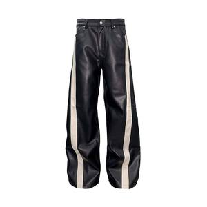 กางเกงขายาวหนัง PU สีดำสำหรับผู้ชายพร้อมแถบด้านข้างเอวสูงสไตล์สตรีทสไตล์ลำลอง - Product Image 6