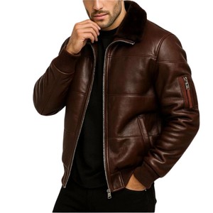 Blouson aviateur en cuir véritable écologique pour homme, col rabattable, logo sur le devant, imperméable, coupe-vent, style moto, fermeture éclair - Product Image 5