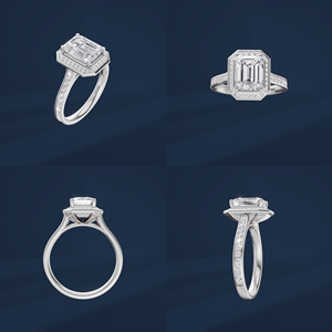Anillo de compromiso de platino con diamante de corte esmeralda para mujer, con halo y diamantes laterales, estilo clásico - Product Image 6