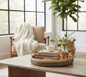 Plateau rond en jonc de mer tressé à la main style bohème avec poignées, plateau décoratif en osier noir naturel pour table, décoration intérieure du Vietnam - Product Image 6