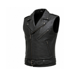 Gilet de motard en cuir véritable noir pour homme, imperméable, respirant, sans manches, avec poches zippées et ceinture - Product Image 3