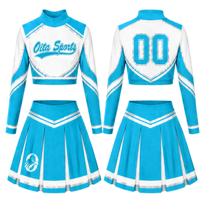 Light Blue <b>White</b> Sublimated Cheer Long Sleeve Uniform Set <b>Pleated</b> <b>Skirt</b> Team Sportswear Athletic Training Practice Performance - Product Image 1