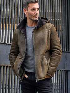 Men's Brown Suede Leather Jacket With <b>Faux</b> <b>Fur</b> Lining Hooded Zipper Closure Windproof Winter <b>Coat</b> Regular Fit Workwear Style - Product Image 2