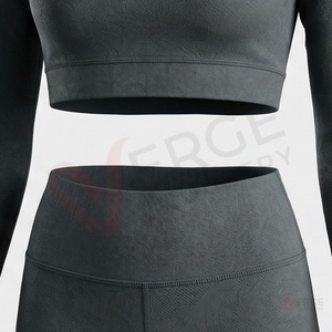 Women's Dark Grey High Neck Cut Out Crop <b>Top</b> <b>Long</b> Sleeve <b>Leggings</b> Set - Product Image 5