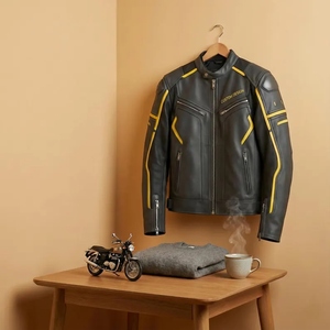 Men's Black Yellow Genuine Leather Waterproof Windproof Winter Motorcycle <b>Racing</b> <b>Jacket</b> Custom OEM ODM - Product Image 3